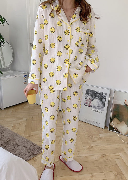 Smile Print Cotton Pajama Sets Notched Long Sleeve