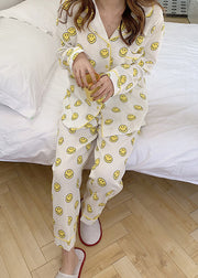Smile Print Cotton Pajama Sets Notched Long Sleeve
