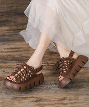 Soft Khaki Cowhide Leather Splicing Platform Flat Sandals