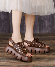 Soft Khaki Cowhide Leather Splicing Platform Flat Sandals