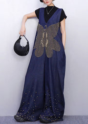 Sparkling Insect Motif Navy Denim Jumpsuits Urban Casual Stance
