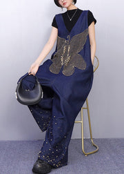 Sparkling Insect Motif Navy Denim Jumpsuits Urban Casual Stance