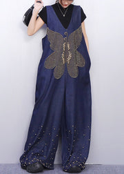 Sparkling Insect Motif Navy Denim Jumpsuits Urban Casual Stance