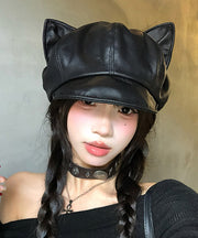 Spicy Girl Style Cat's Ears Black Faux Leather Beret Hat