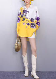 Street Style Purple Pattern Floral Printed Yellow Shirt Fall