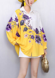 Street Style Purple Pattern Floral Printed Yellow Shirt Fall