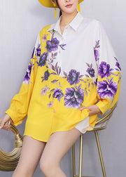 Street Style Purple Pattern Floral Printed Yellow Shirt Fall
