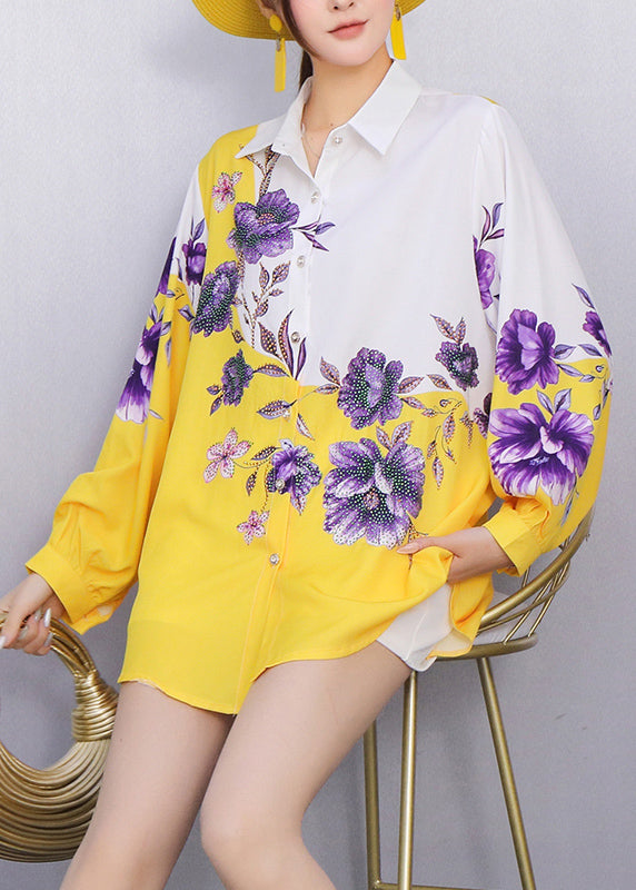 Street Style Purple Pattern Floral Printed Yellow Shirt Fall