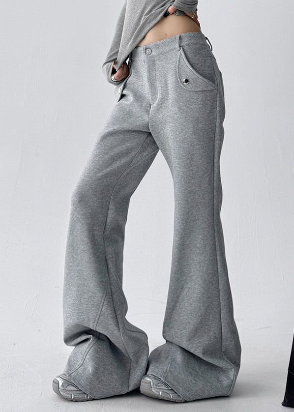 Streetwear Grey Pockets Patchwork Cotton Flared Trousers Fall
