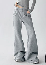 Streetwear Grey Pockets Patchwork Cotton Flared Trousers Fall