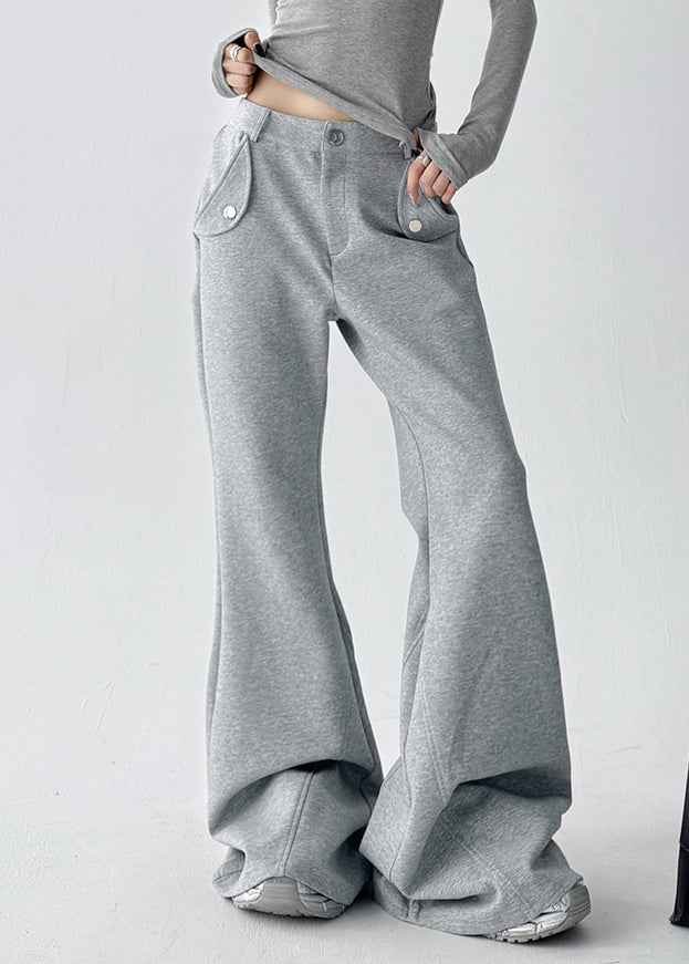 Streetwear Grey Pockets Patchwork Cotton Flared Trousers Fall