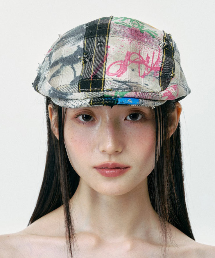 Streetwear Plaid Ripped Graffiti Breton Hat