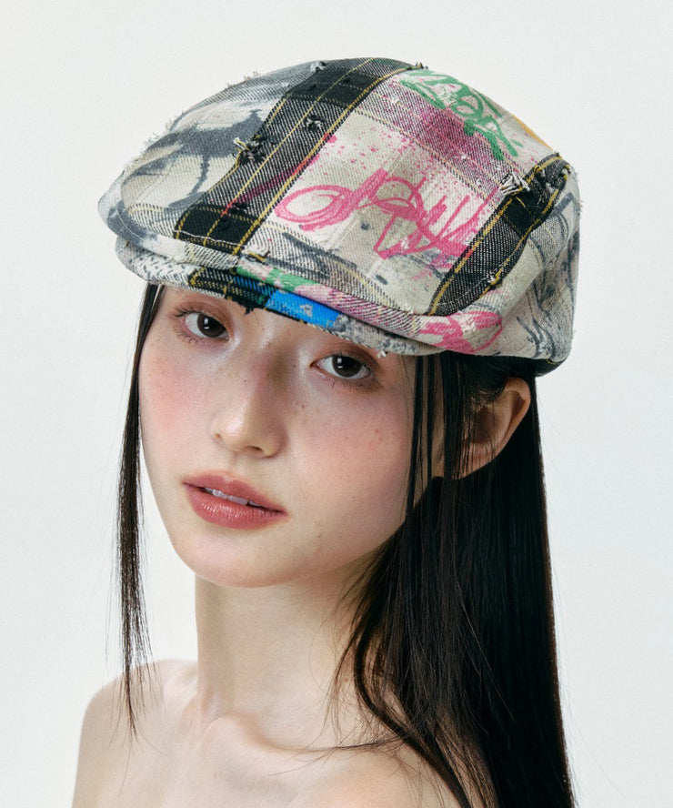 Streetwear Plaid Ripped Graffiti Breton Hat