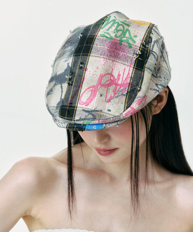 Streetwear Plaid Ripped Graffiti Breton Hat