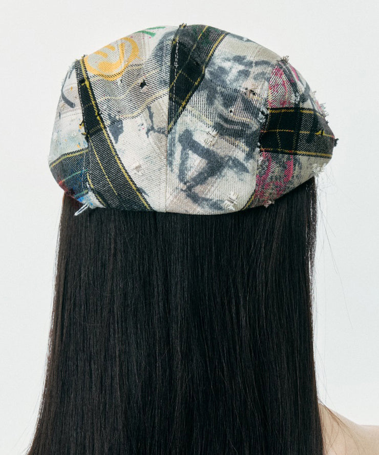Streetwear Plaid Ripped Graffiti Breton Hat