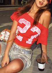 Streetwear Red Cold Shoulder Print Cotton T Shirt Summer