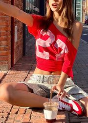 Streetwear Red Cold Shoulder Print Cotton T Shirt Summer