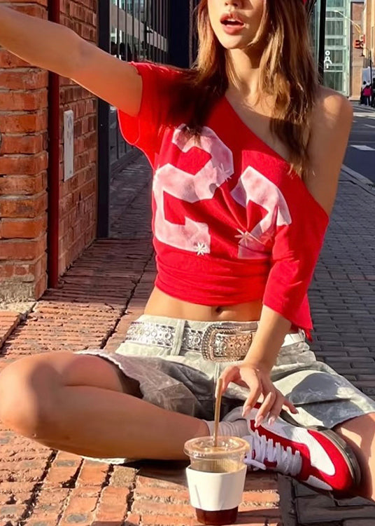 Streetwear Red Cold Shoulder Print Cotton T Shirt Summer