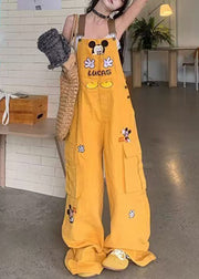 Streetwear Yellow Embroidered Denim Overalls Jumpsuit Fall