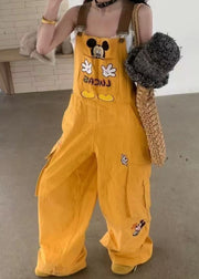 Streetwear Yellow Embroidered Denim Overalls Jumpsuit Fall