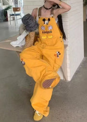 Streetwear Yellow Embroidered Denim Overalls Jumpsuit Fall
