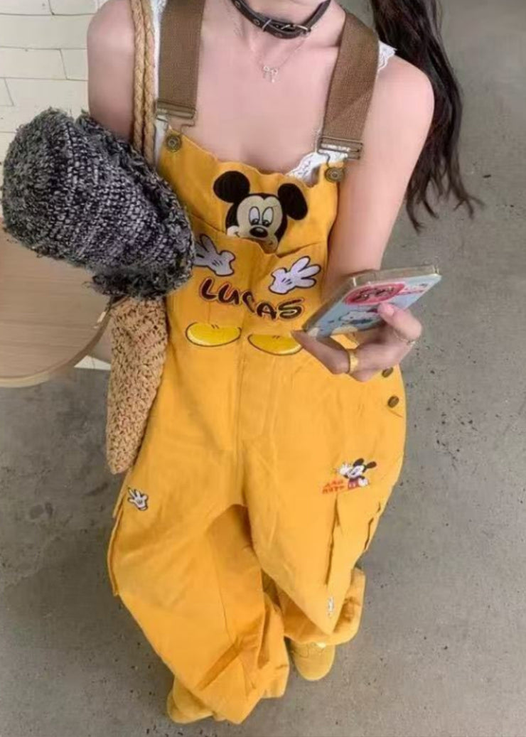 Streetwear Yellow Embroidered Denim Overalls Jumpsuit Fall