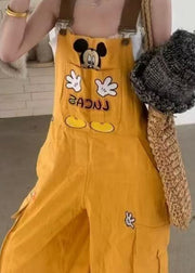 Streetwear Yellow Embroidered Denim Overalls Jumpsuit Fall