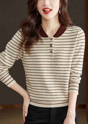 Striped Beige Button Cozy Patchwork Knit Sweater Tops