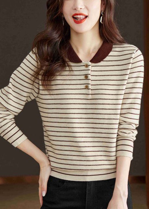 Striped Beige Button Cozy Patchwork Knit Sweater Tops