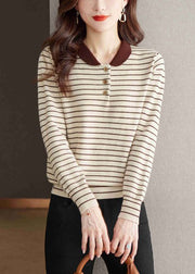 Striped Beige Button Cozy Patchwork Knit Sweater Tops