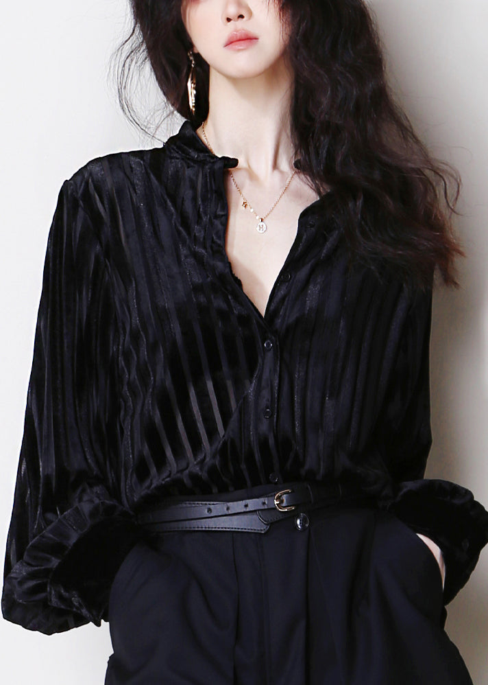 Striped Black Hollow Out Button Silk Velour Shirt Tops Fall