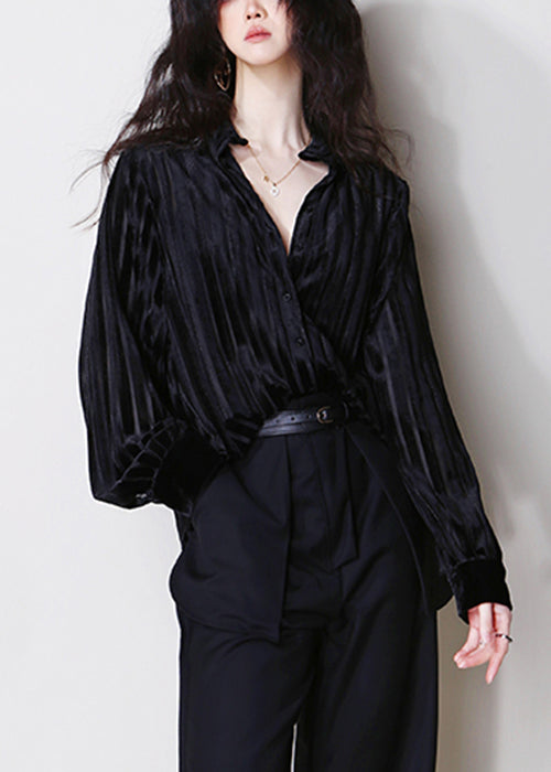 Striped Black Hollow Out Button Silk Velour Shirt Tops Fall