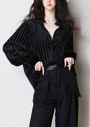 Striped Black Hollow Out Button Silk Velour Shirt Tops Fall