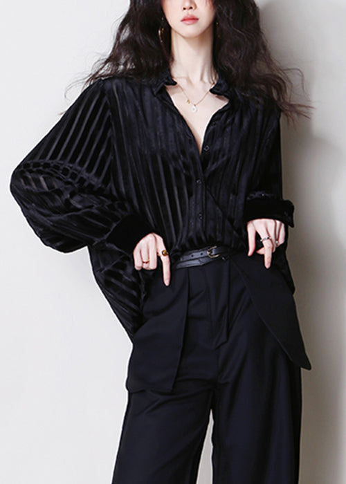 Striped Black Hollow Out Button Silk Velour Shirt Tops Fall