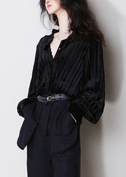 Striped Black Hollow Out Button Silk Velour Shirt Tops Fall
