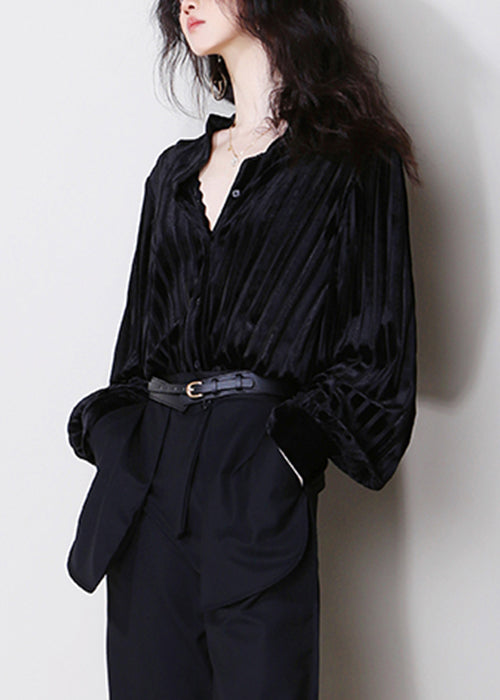 Striped Black Hollow Out Button Silk Velour Shirt Tops Fall