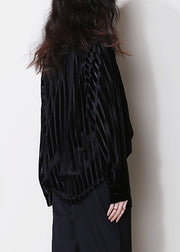 Striped Black Hollow Out Button Silk Velour Shirt Tops Fall