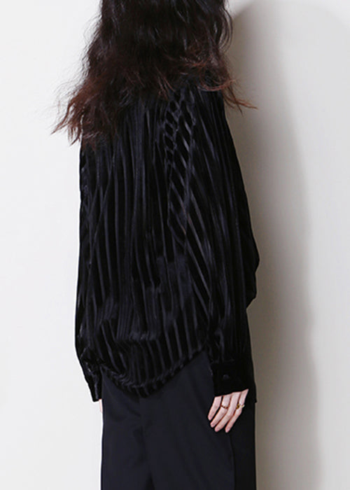 Striped Black Hollow Out Button Silk Velour Shirt Tops Fall