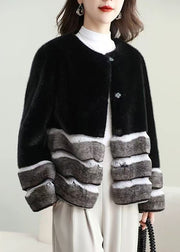 Striped Black O-Neck Button Patchwork Leather And Fur Coat Winter