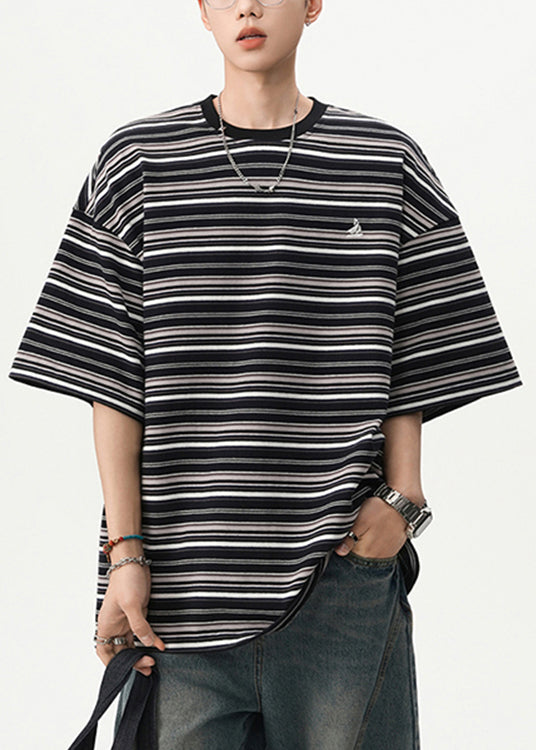 Striped Black O Neck Cozy Cotton Mens T Shirts Summer