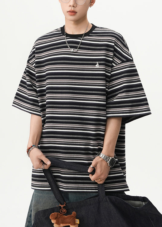Striped Black O Neck Cozy Cotton Mens T Shirts Summer