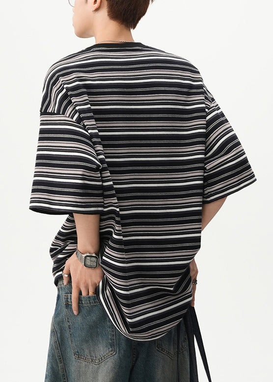 Striped Black O Neck Cozy Cotton Mens T Shirts Summer