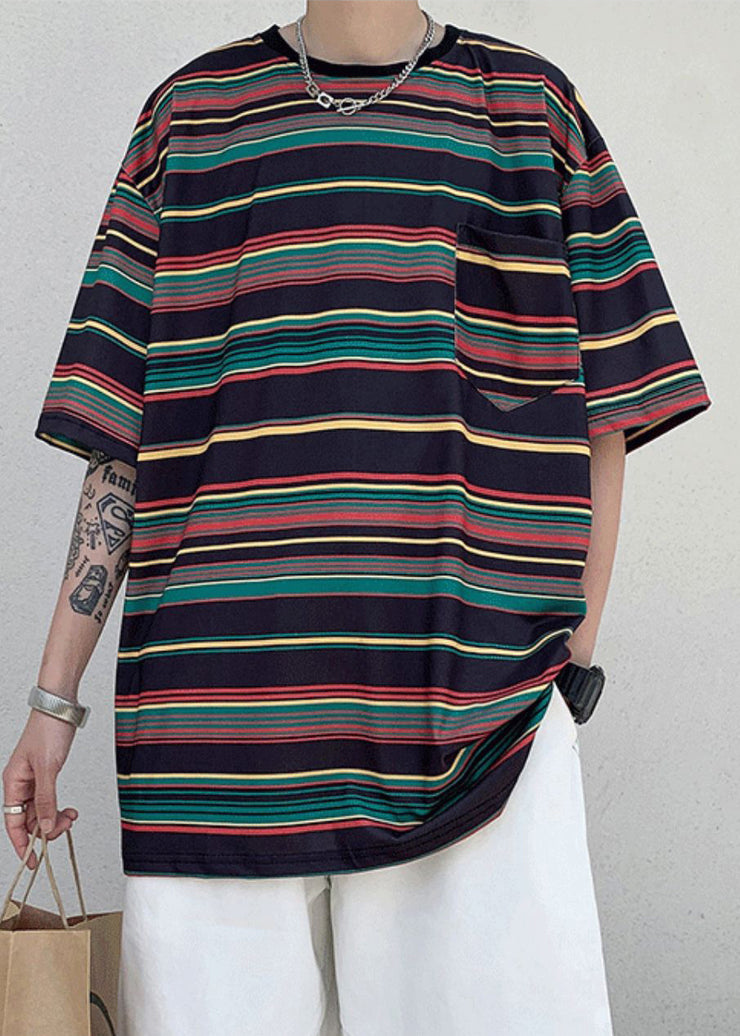 Striped Black O-Neck Cozy Cotton T Shirts Men Half Sleeve