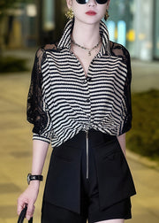 Striped Black Peter Pan Collar Lace Patchwork Blouses Half Sleeve