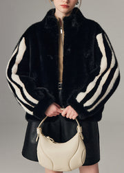 Striped Black Stand Collar Zippered Mink Hair Coats Winter