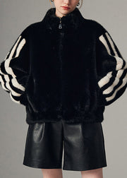 Striped Black Stand Collar Zippered Mink Hair Coats Winter