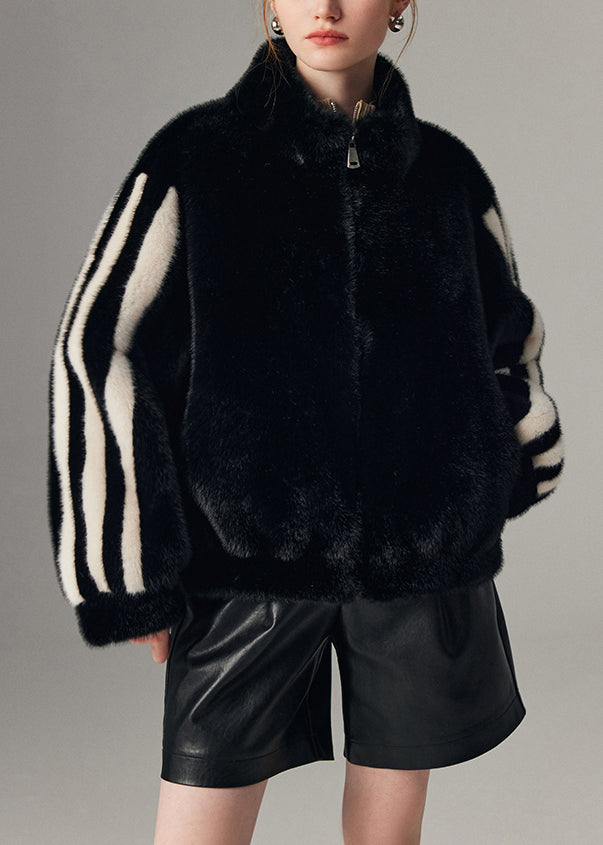 Striped Black Stand Collar Zippered Mink Hair Coats Winter