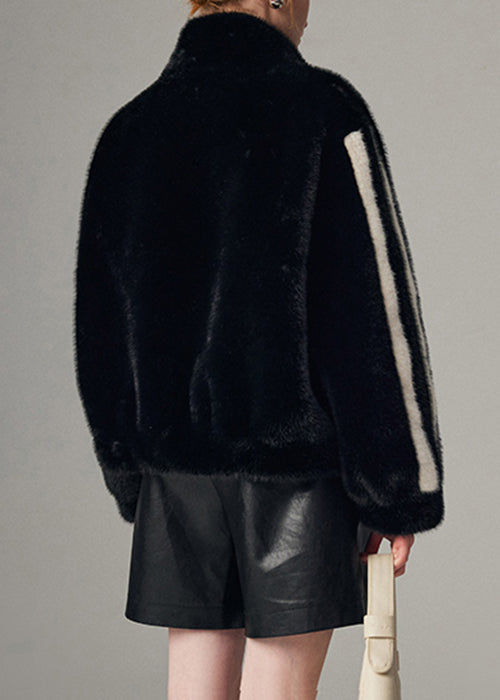 Striped Black Stand Collar Zippered Mink Hair Coats Winter