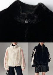 Striped Black Stand Collar Zippered Mink Hair Coats Winter