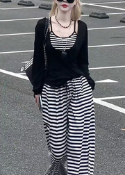 Striped Black Tops And Wide Leg Pants Cotton Three-Piece Set Fall